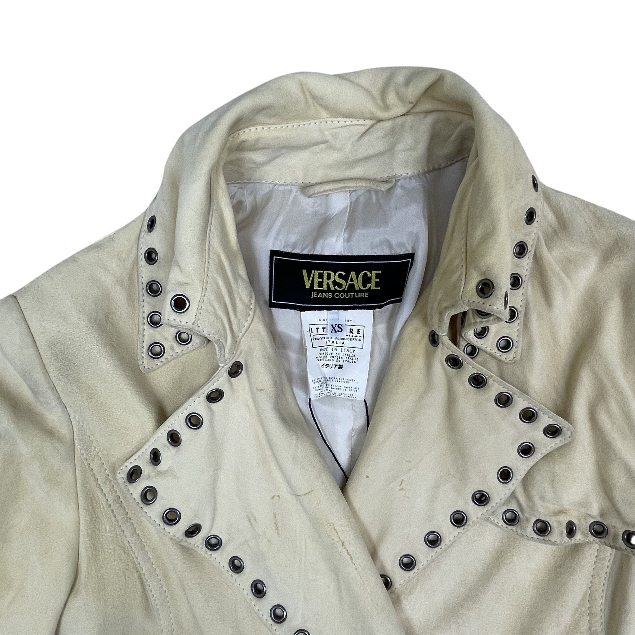 Zenno Archive vintage Versace Jeans Couture light yellow suede coat with metal eyelet collar detailing