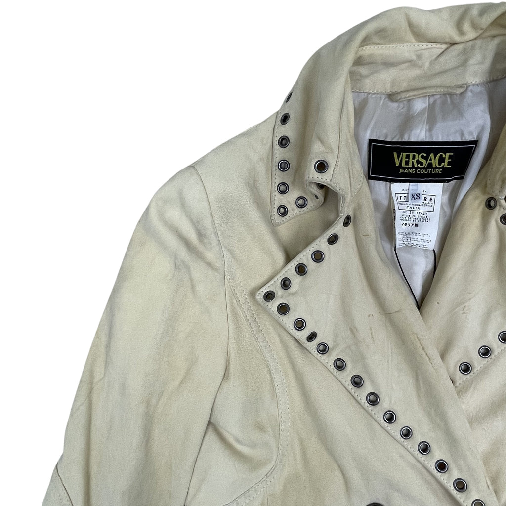 Zenno Archive vintage Versace Jeans Couture light yellow suede coat with silver eyelet trim and notched lapels