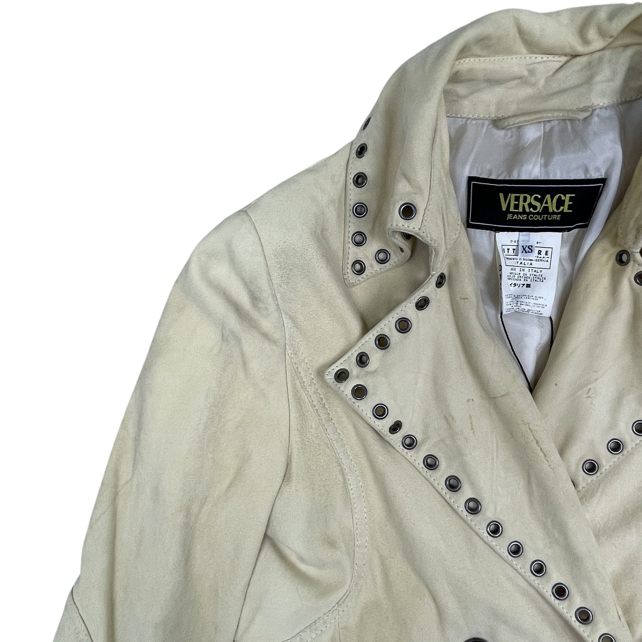Zenno Archive vintage Versace Jeans Couture light yellow suede coat with silver eyelet trim and notched lapels
