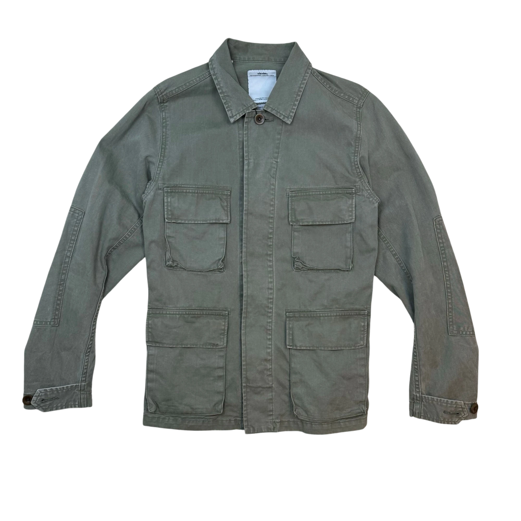 Zenno Archive Visvim SS15 Four Pocket Kilgore military jacket in olive green cotton with button-up front
