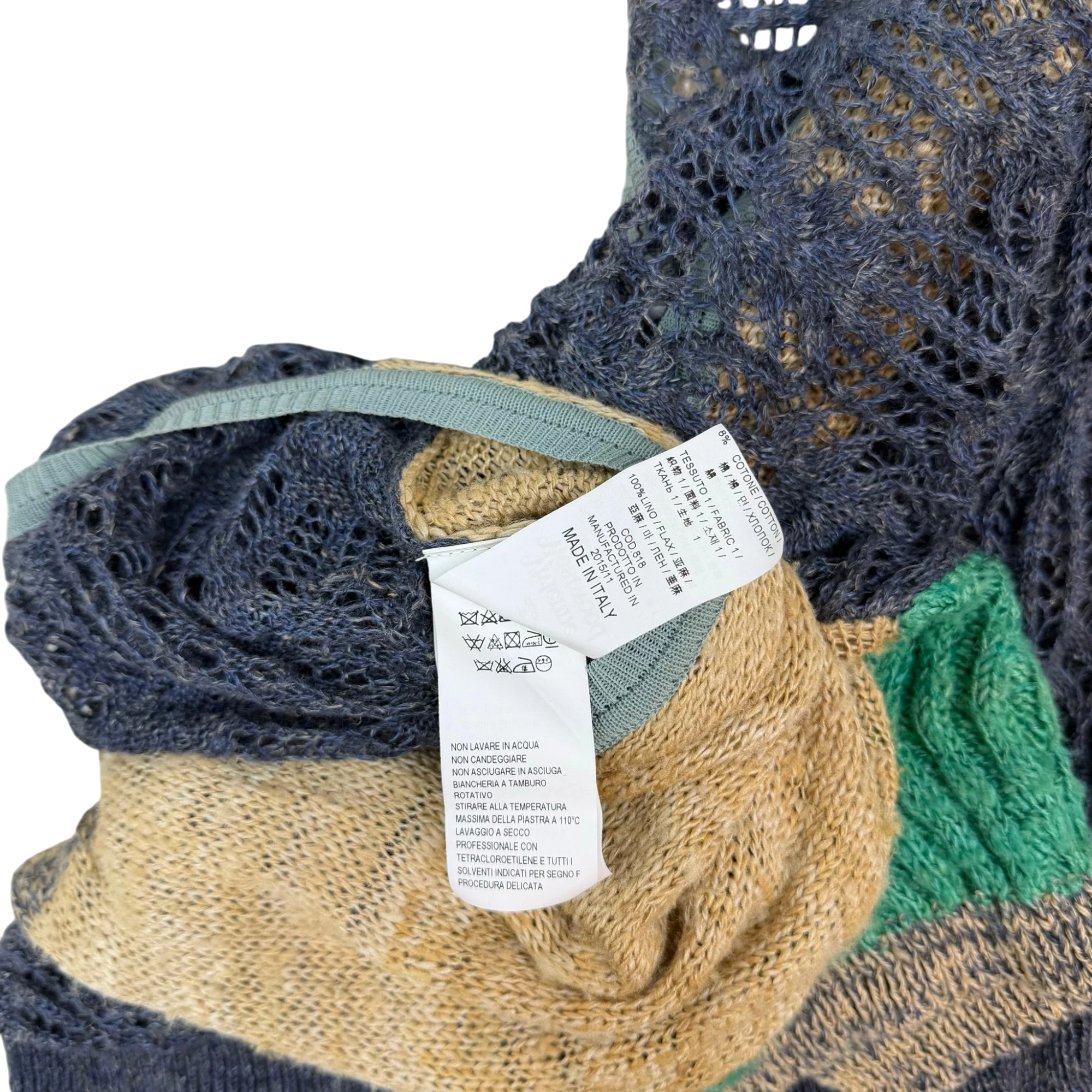 Zenno Archive Vivienne Westwood Gold Label sweater care label showing silk and linen yarn composition