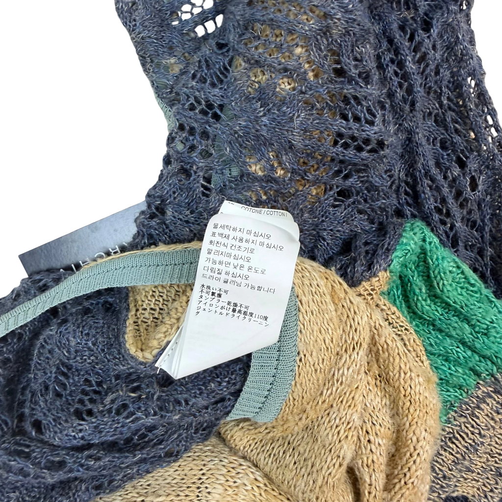 Zenno Archive Vivienne Westwood Gold Label silk yarn sweater featuring a multi-colored open knit texture and care tag