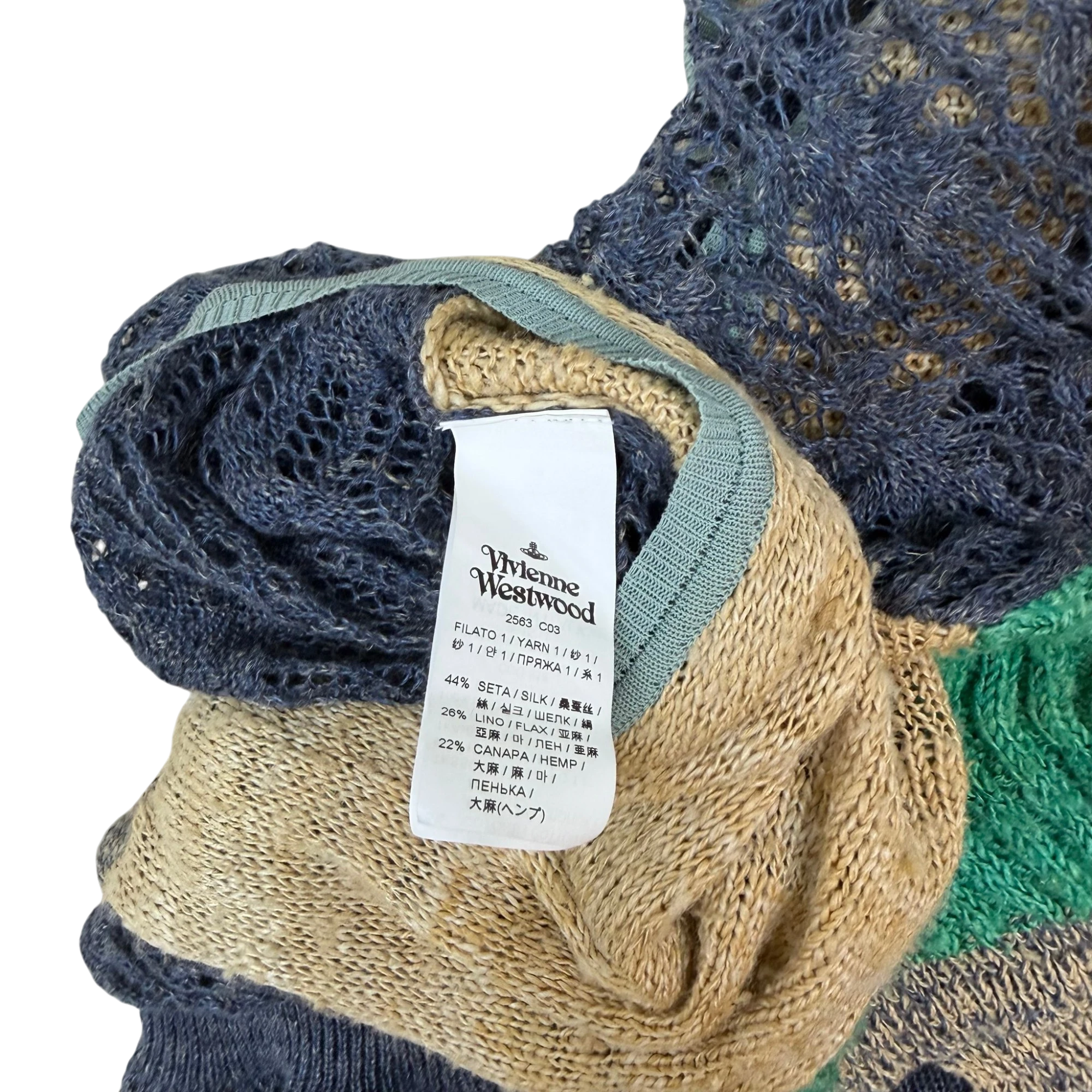 Zenno Archive Vivienne Westwood Gold Label sweater tag showing silk, linen, and hemp blend composition
