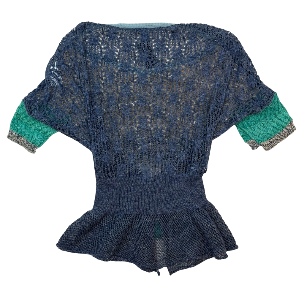 Zenno Archive Vivienne Westwood Gold Label navy silk yarn sweater with green and grey ribbed sleeve cuffs