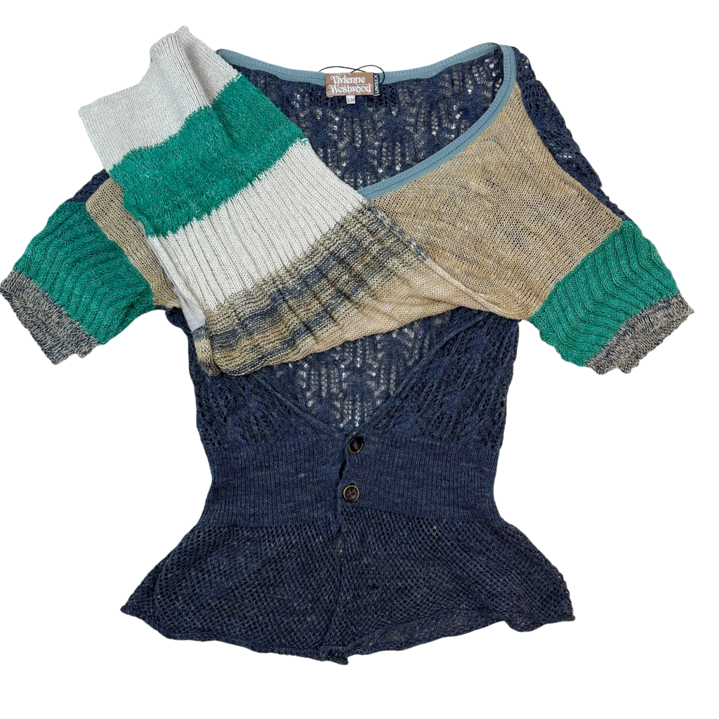 Zenno Archive Vivienne Westwood Gold Label silk yarn sweater featuring a navy, green, and beige color-blocked design.