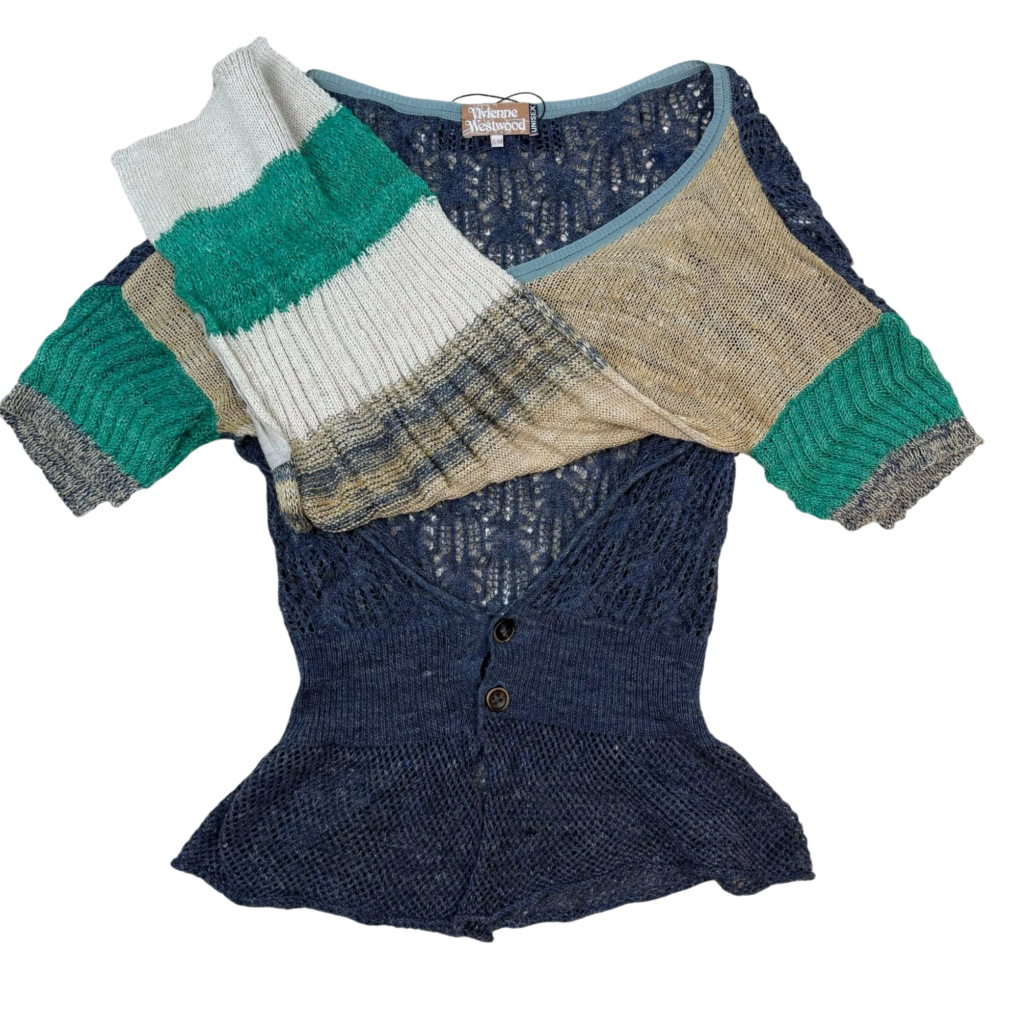 Zenno Archive Vivienne Westwood Gold Label silk yarn sweater featuring a navy, green, and beige color-blocked design.