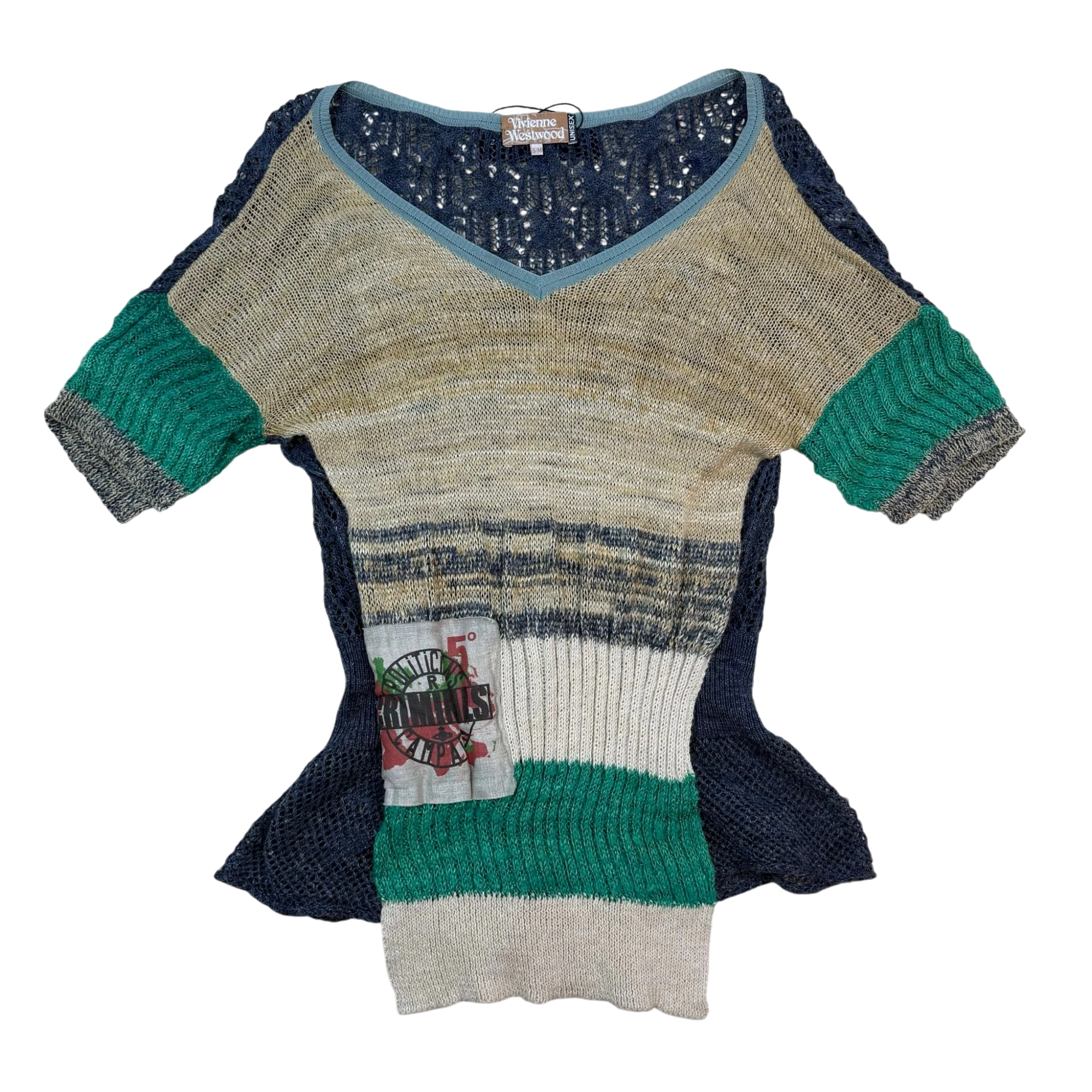 Zenno Archive Vivienne Westwood Gold Label silk yarn sweater featuring a multi-colored knit pattern and graphic patch.