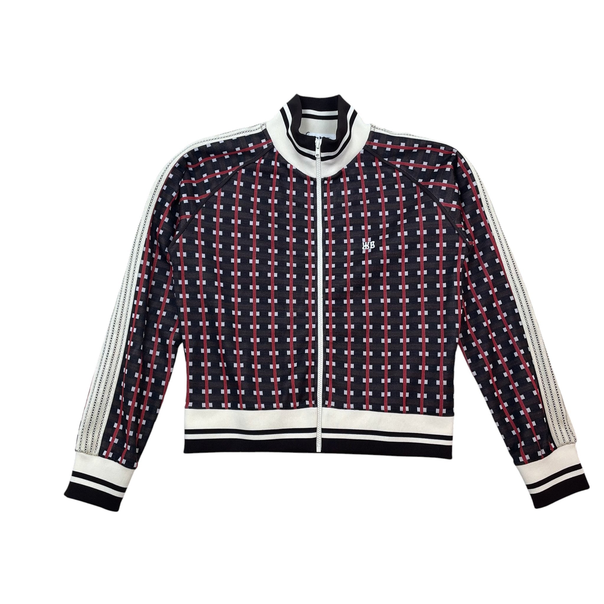 Zenno Archive Wales Bonner Power track jacket in brown and red with a grid pattern, white stripes, and zip front.