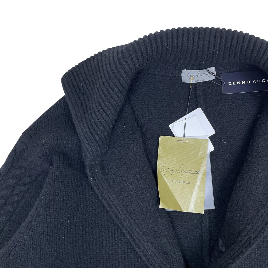 Zenno Archive Yohji Yamamoto Pour Homme black wool coat with ribbed collar and designer tags attached
