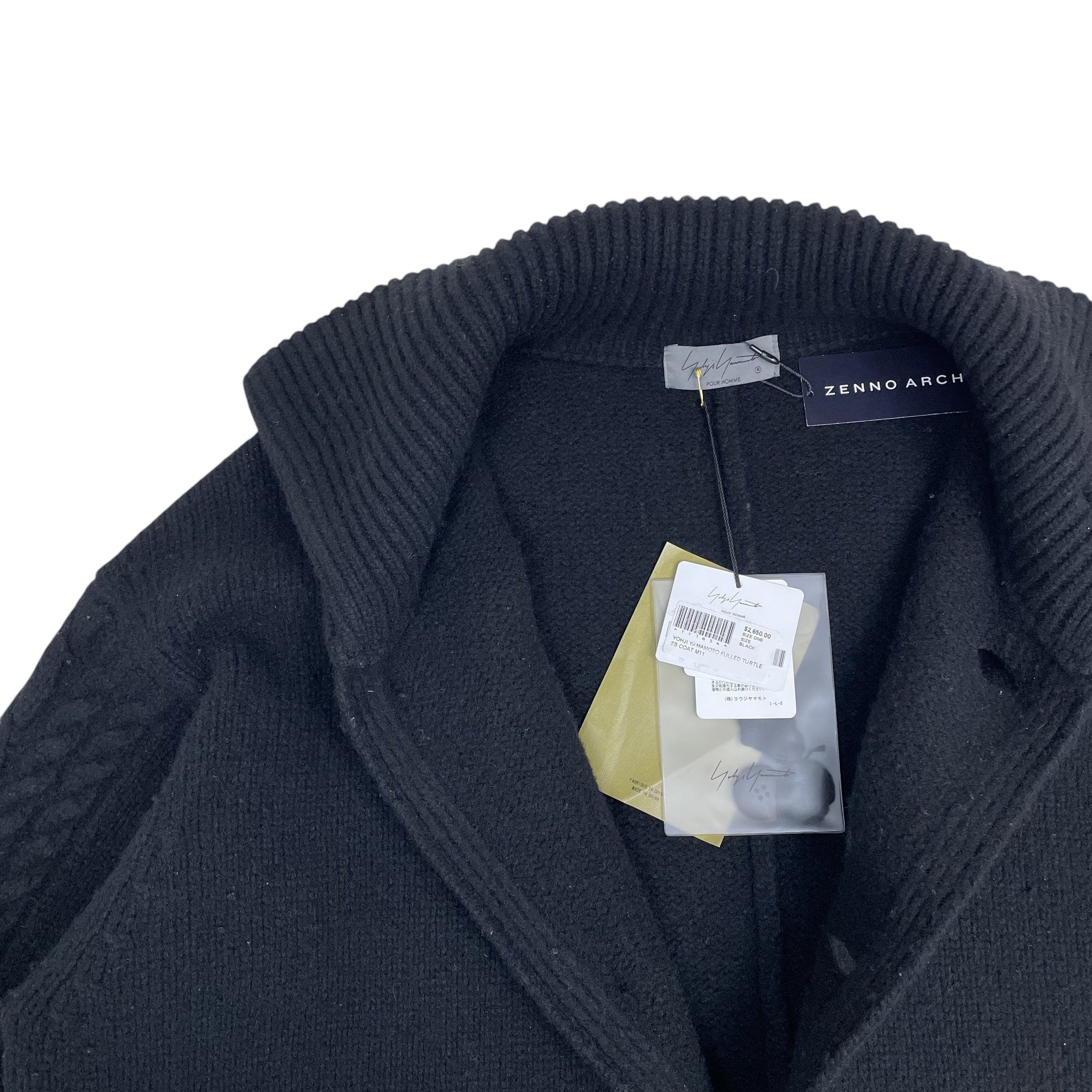 Zenno Archive Yohji Yamamoto Pour Homme black wool coat with a ribbed collar and original designer tags attached