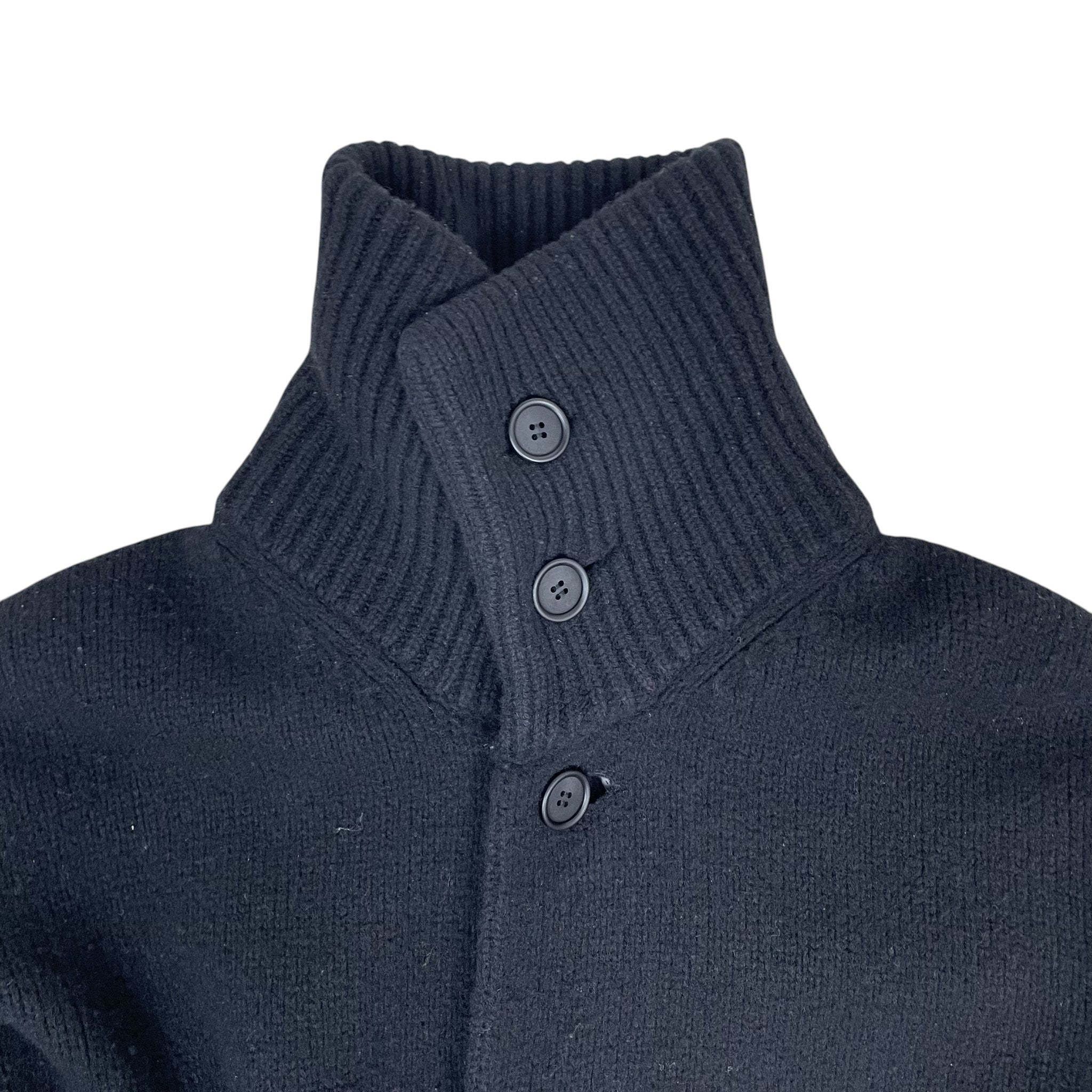 Zenno Archive Yohji Yamamoto Pour Homme black wool coat featuring a high ribbed collar and button-up front closure.