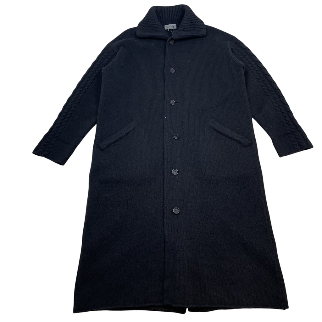 Zenno Archive Yohji Yamamoto Pour Homme black wool coat with a ribbed collar and cable knit sleeve detailing.
