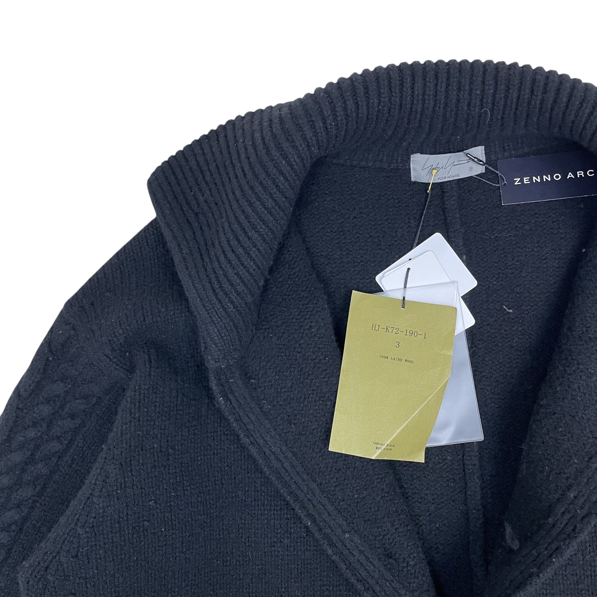 Zenno Archive Yohji Yamamoto Pour Homme black wool coat with ribbed collar and cable knit sleeve detail