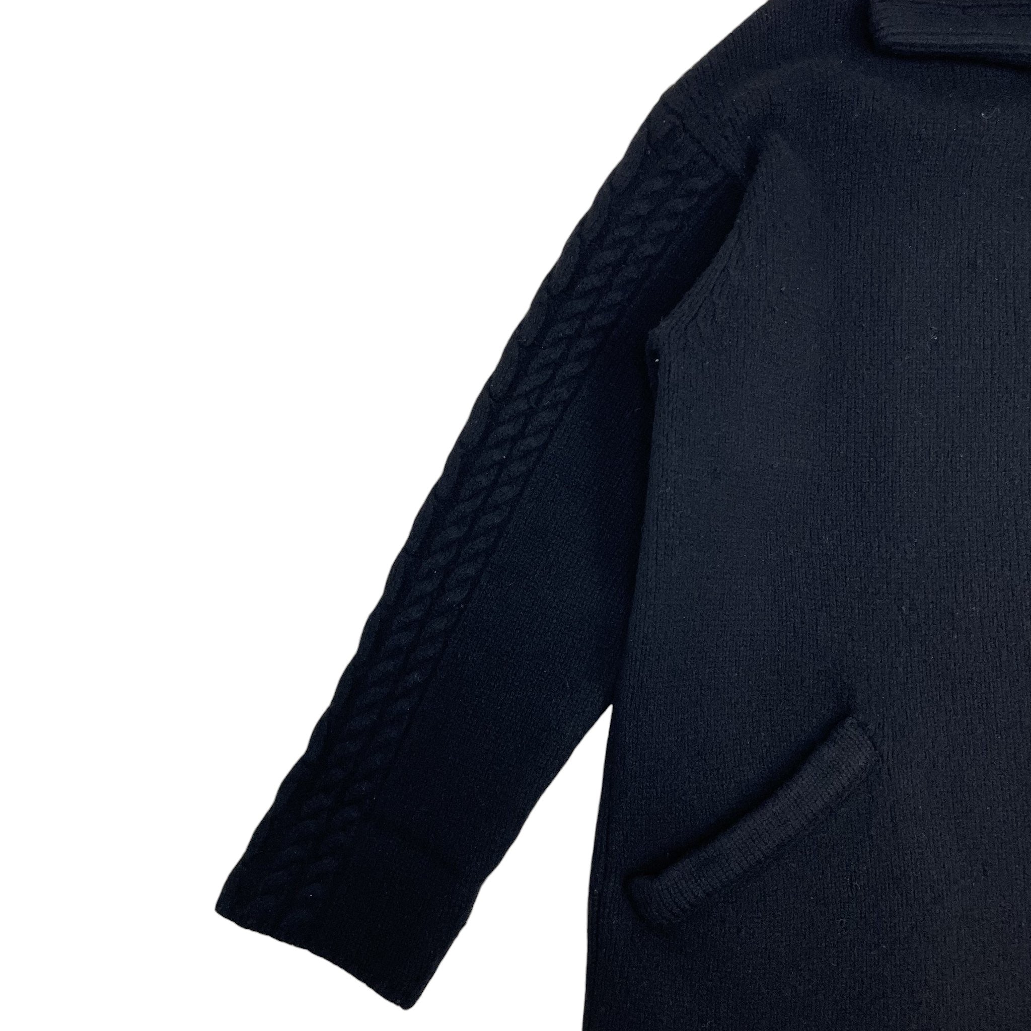 Zenno Archive Yohji Yamamoto Pour Homme black wool coat featuring a textured cable knit sleeve detail
